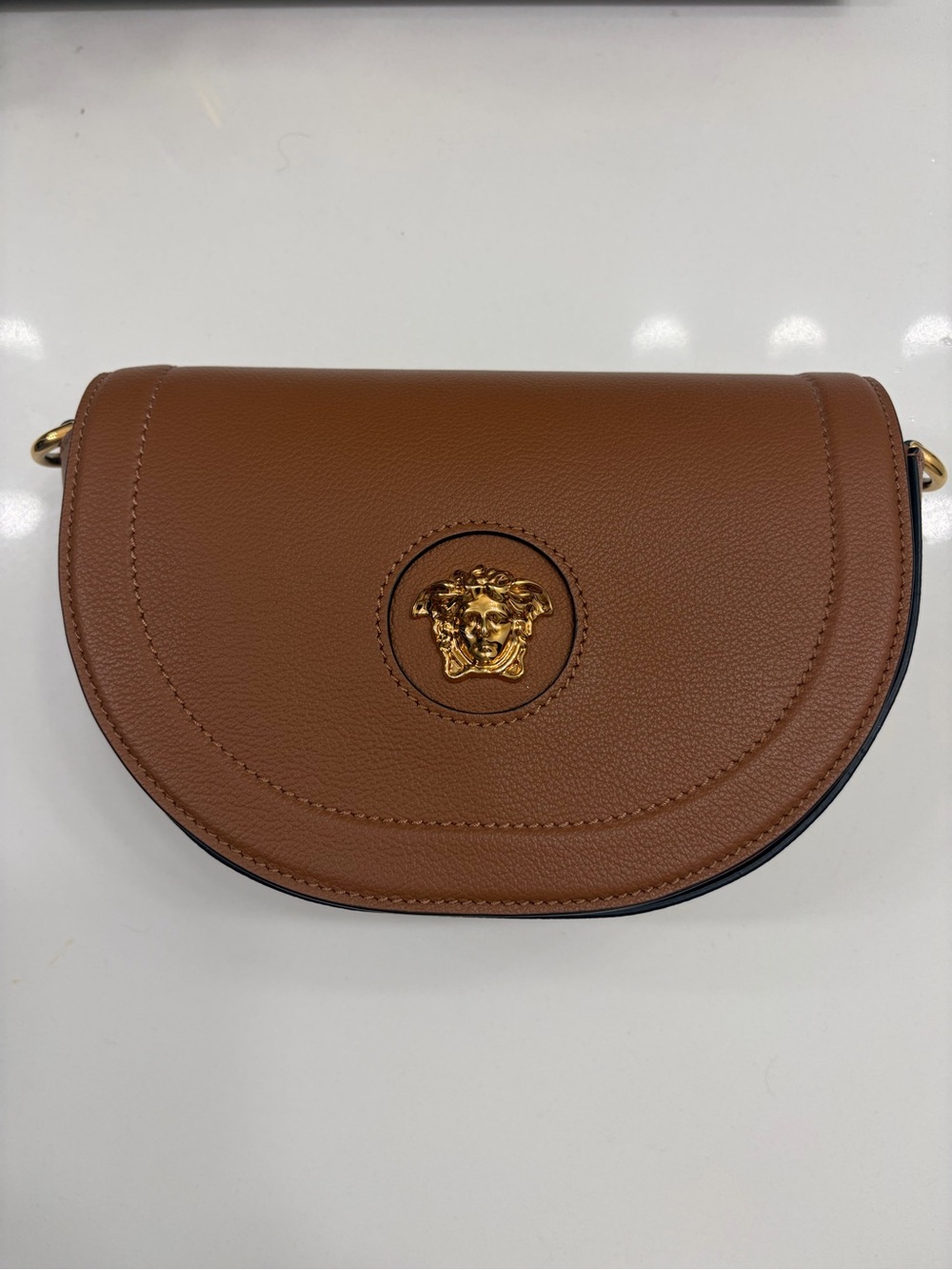 Versace Tan Brown Leather Crossbody with Gold Medusa Emblem